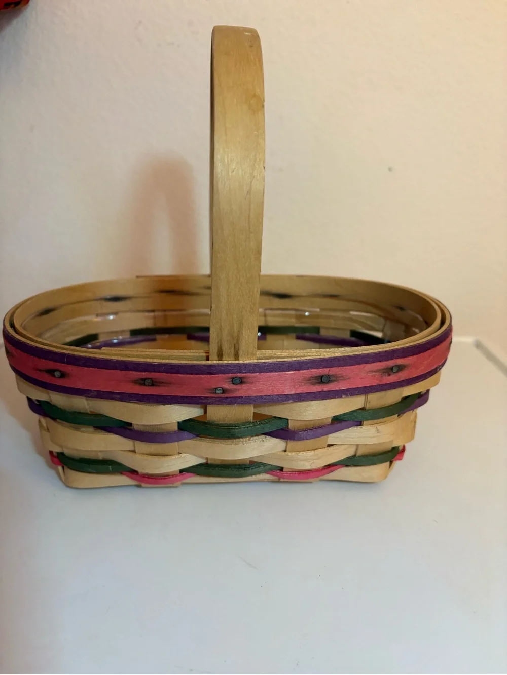Vintage Longaberger 1996 Easter Basket & Protector, Pink, Green & Purple Accents
